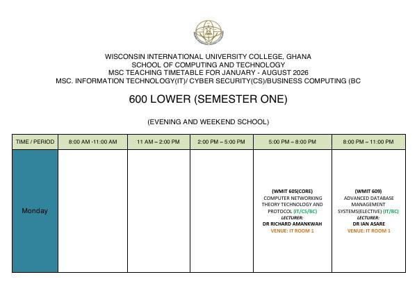 Preview of MSc Timetable — First Semester